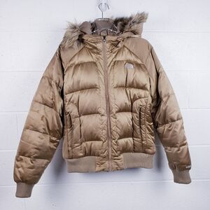 The North Face 550 Down Filled Gotham Gold Hooded Puffer Jacket Fur Trim XXL